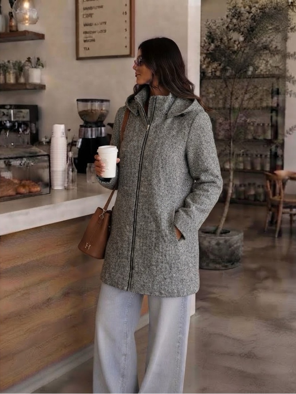 Reitmans Heather Gray Zip Front Coat XL Removable Drawstring Hood Zip Pockets Fa